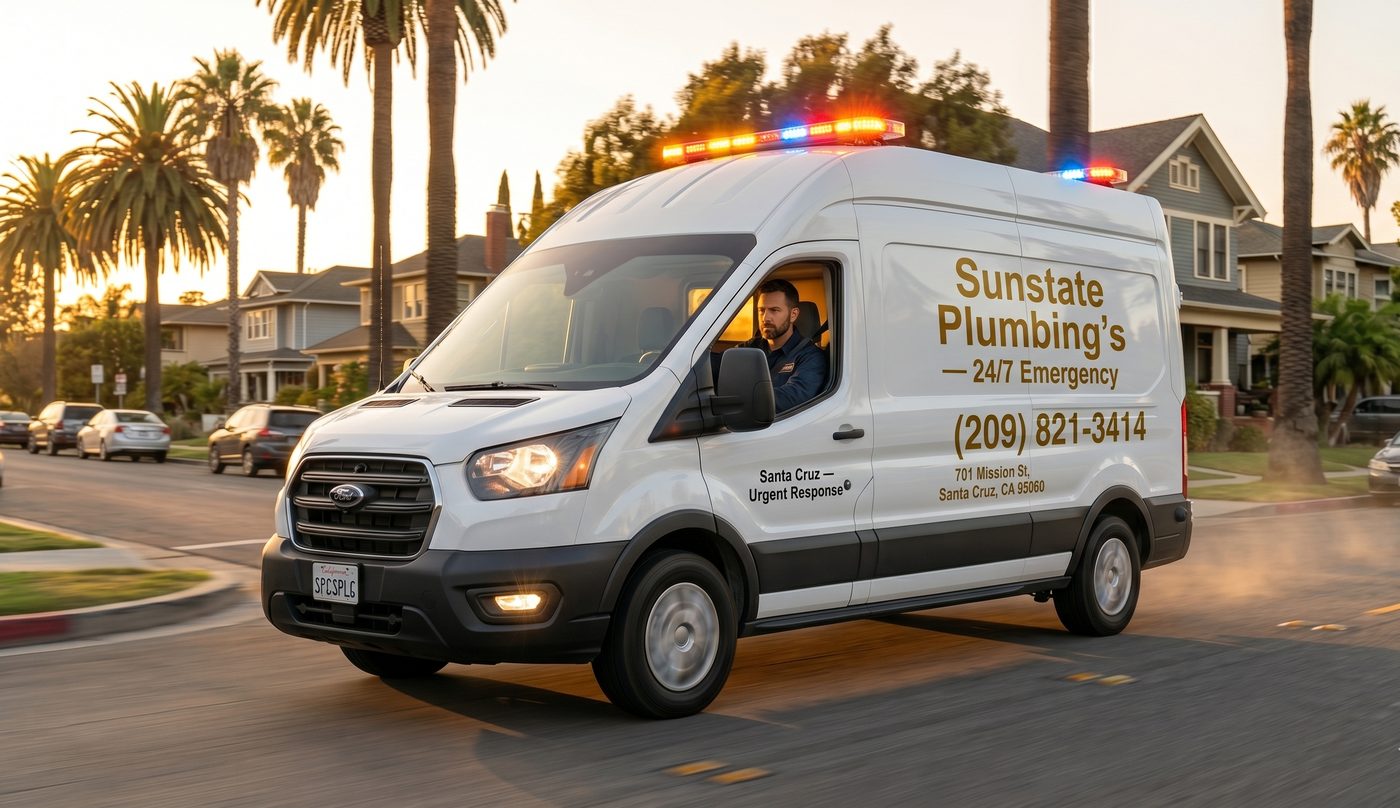 Sunstate Plumbing's 24/7 emergency plumbing van — Call (209) 821-3414 any hour — Santa Cruz CA